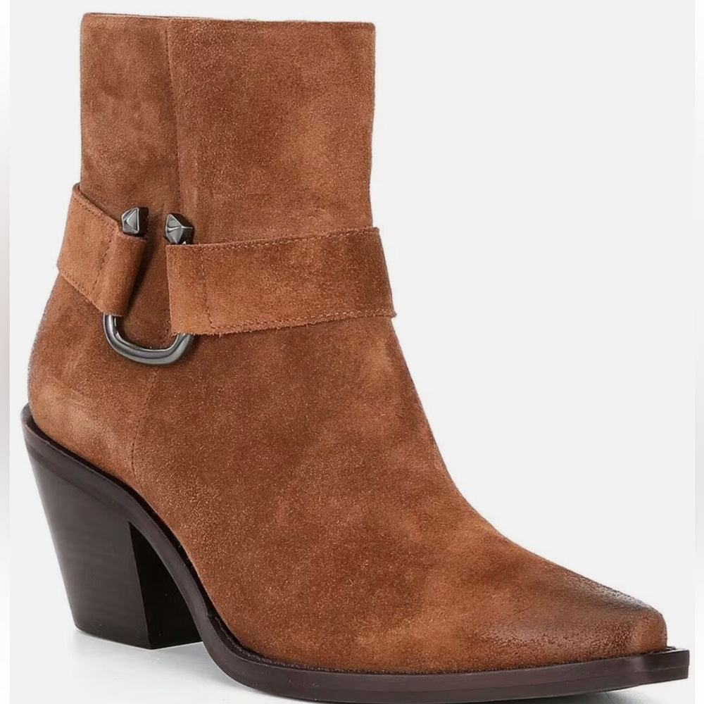 Antonio Melani 5.5 Tabbie Oiled Suede Mid Heeled Western Buckle Boots Pecan Pie